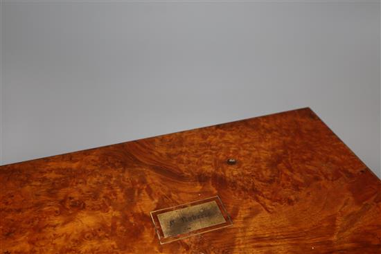 A burr walnut writing slope, with leather slope, inlaid plaque for C. Roberts